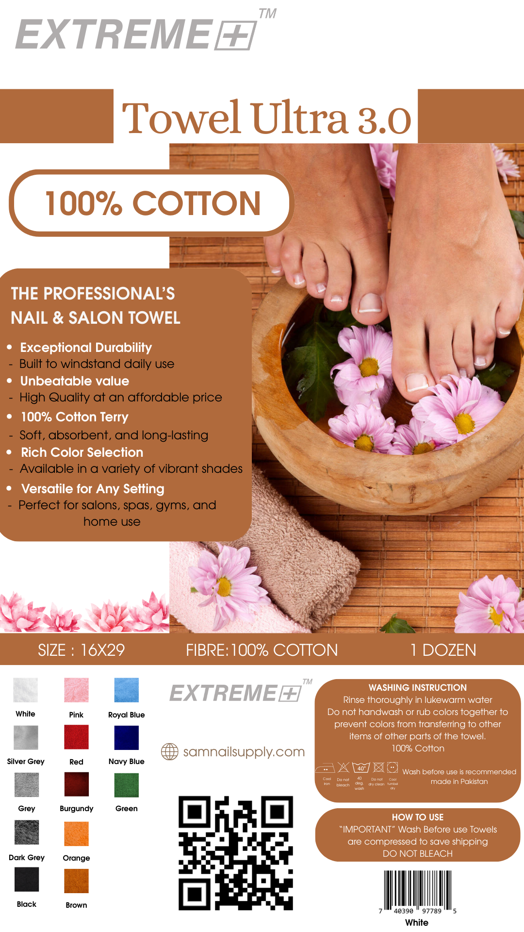 Khăn tắm cotton 100% Extreme+ - Trắng 16x29 - Gói 12 chiếc (3 pound)